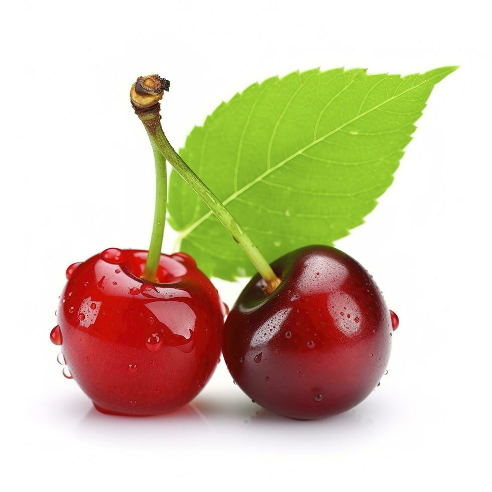 Cherry with leaf isolated on white background, generate ai photo