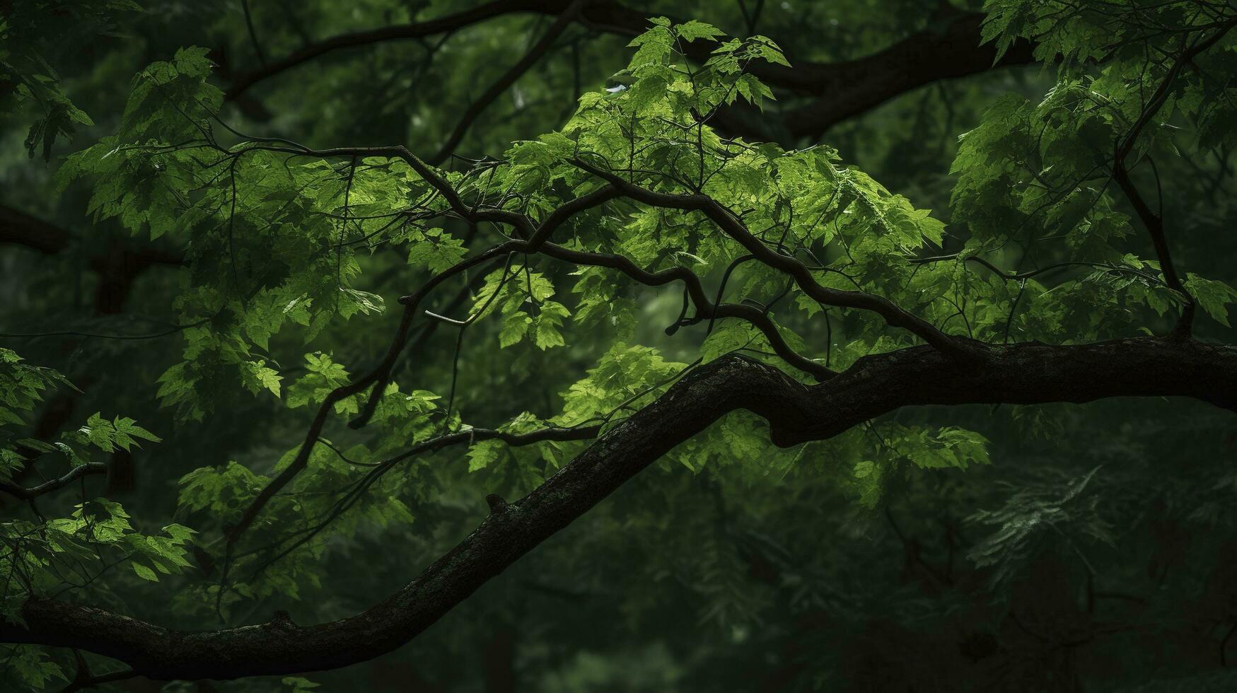 Earth Day and World Environment Day, Spring, Tropical tree leaves and branch with beautiful green forest background, generate ai photo