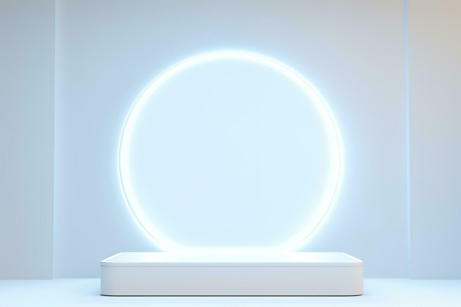 Abstract 3D silver cylinder pedestal podium floating on air with glowing neon ring background. Silver wall scene for product display presentation. rendering geometric platform, generate ai photo