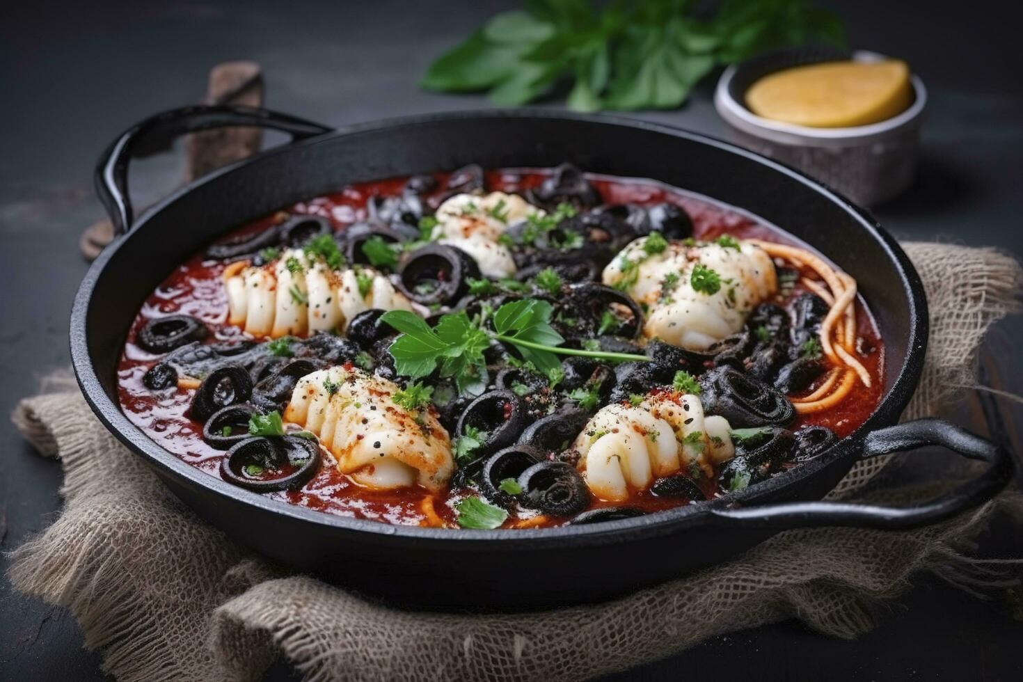 Traditional Italian spaghetti al nero di seppia with squid ink in tomato sauce served as close-up in a cast-iron pan on a wooden board, generate ai photo