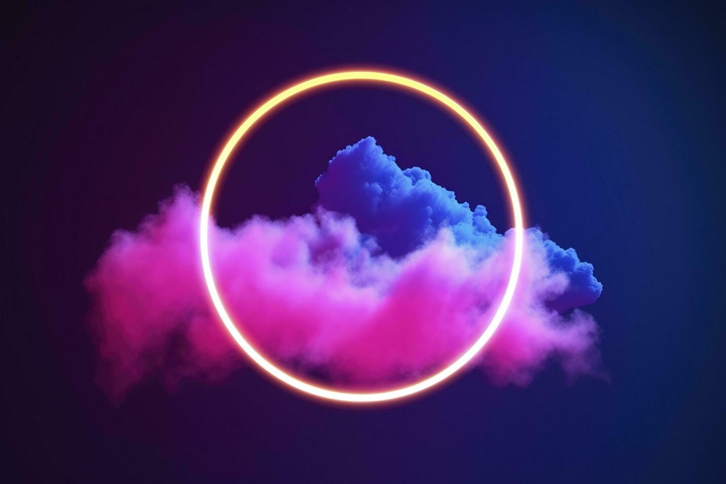3d render, abstract cloud illuminated with neon light ring on dark night sky. Glowing geometric shape, round frame, generate ai photo