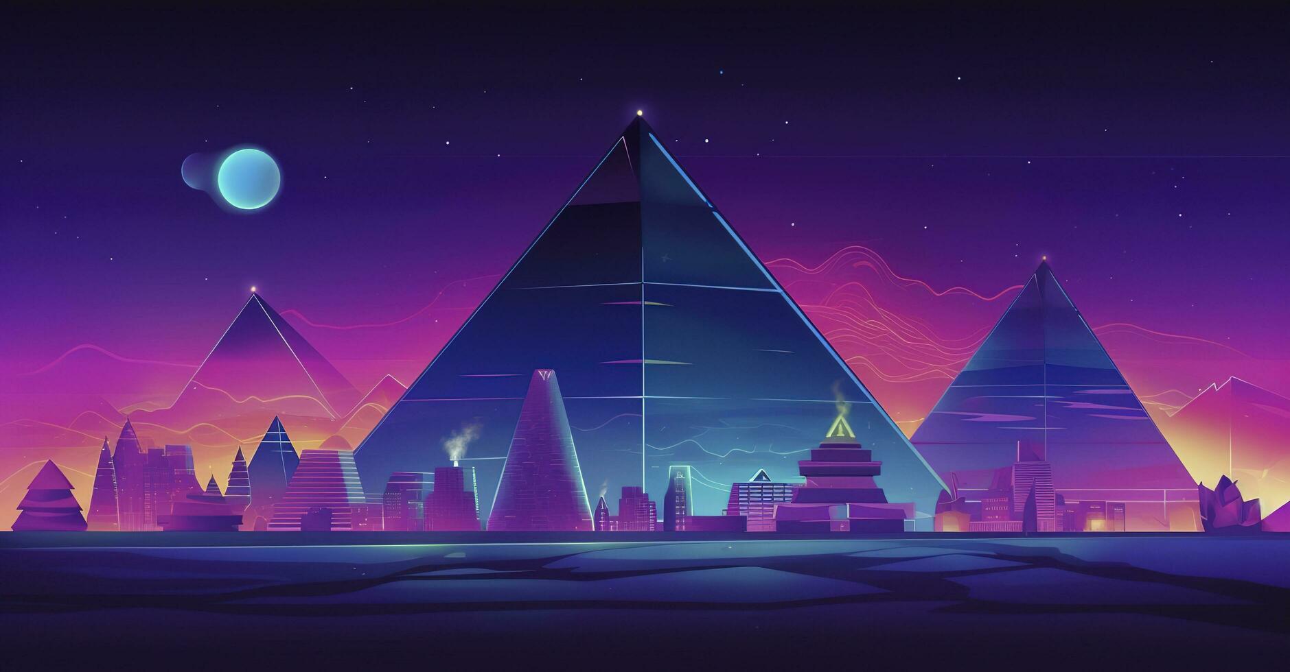 Retro Pyramids on 80s Synthwave Neon Landscape with Glowing Sun - Abstract Background Texture, generate ai photo