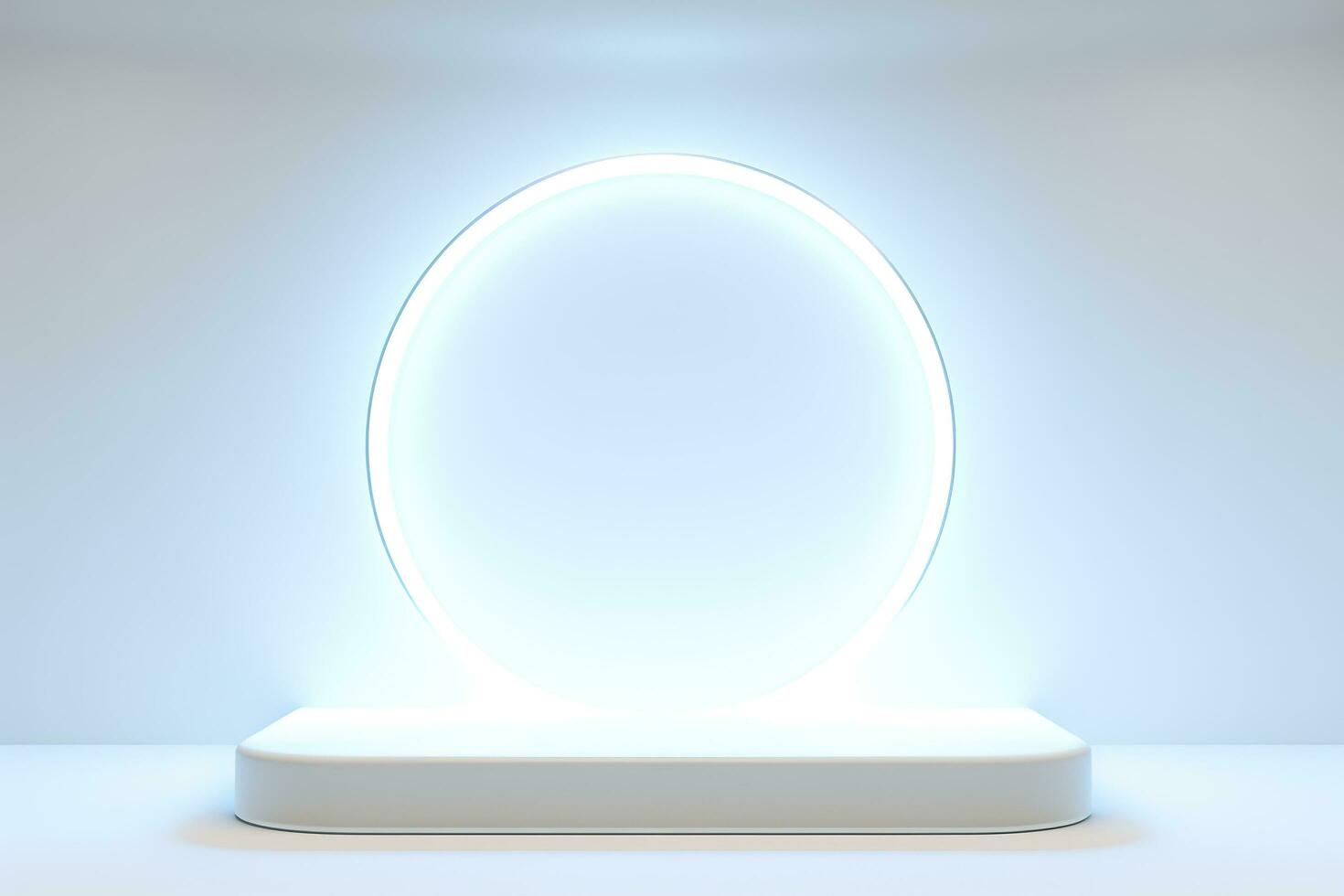 Abstract 3D silver cylinder pedestal podium floating on air with glowing neon ring background. Silver wall scene for product display presentation. rendering geometric platform, generate ai photo