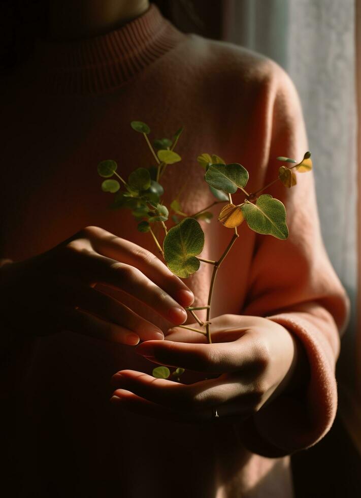 un niño participación un planta en su manos con un verde antecedentes y luz de sol brillante mediante el hojas en el planta, generar ai foto