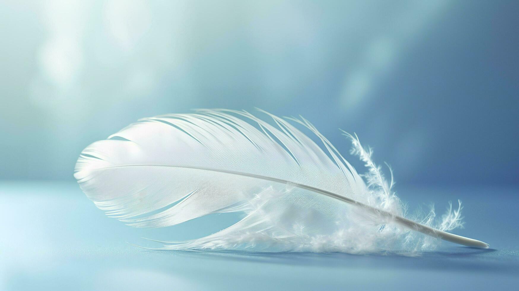 a bright blue background with one white feather, in the style of soft and dreamy pastels, glimmering light effects, nature inspired imagery, fairycore, soft focal points, generate ai photo