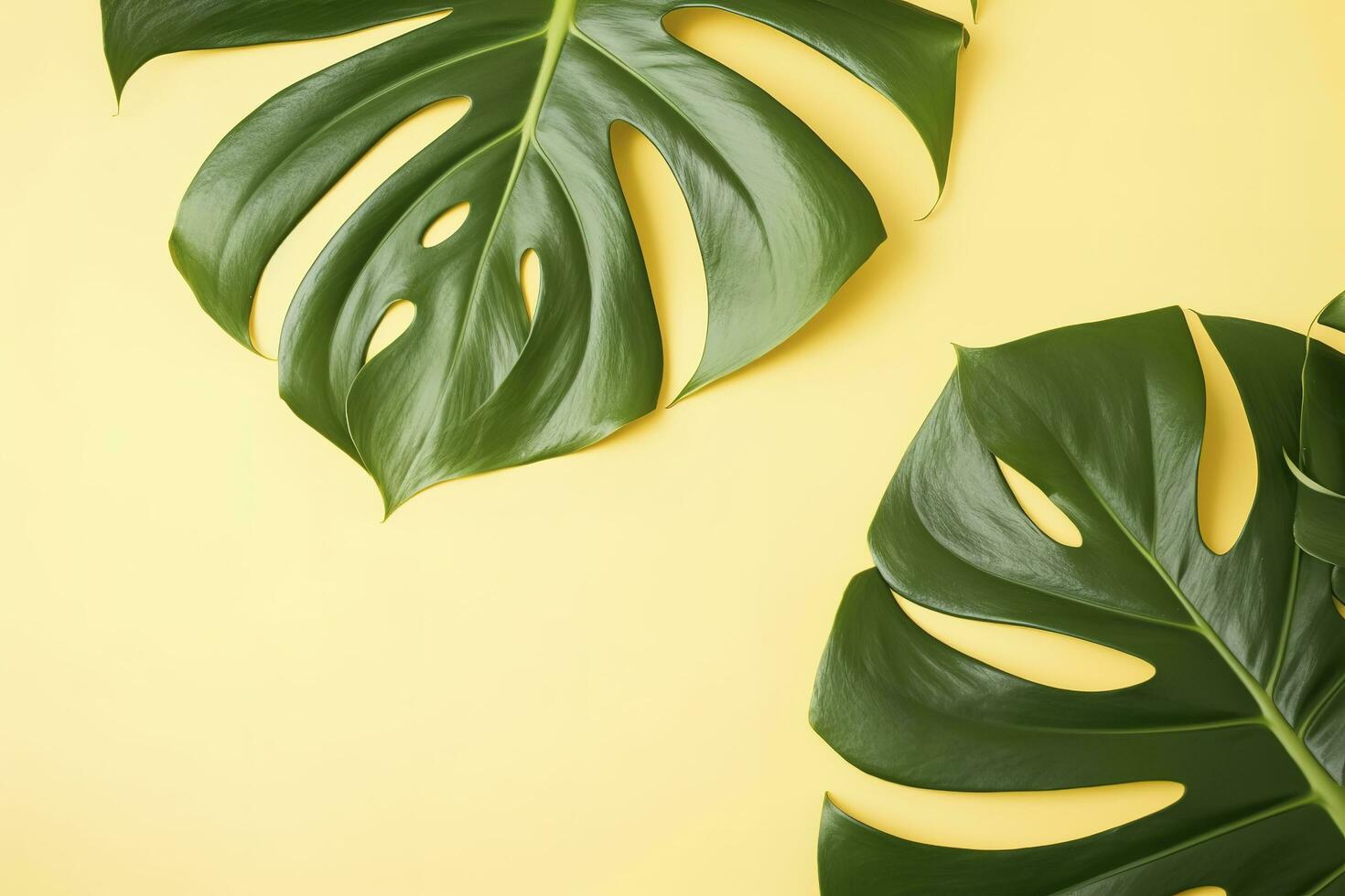 Beautiful tropical palm monstera leaves branch isolated on pastel yellow background, top view, flat lay, overhead above summer beauty blank design concept , generate ai photo