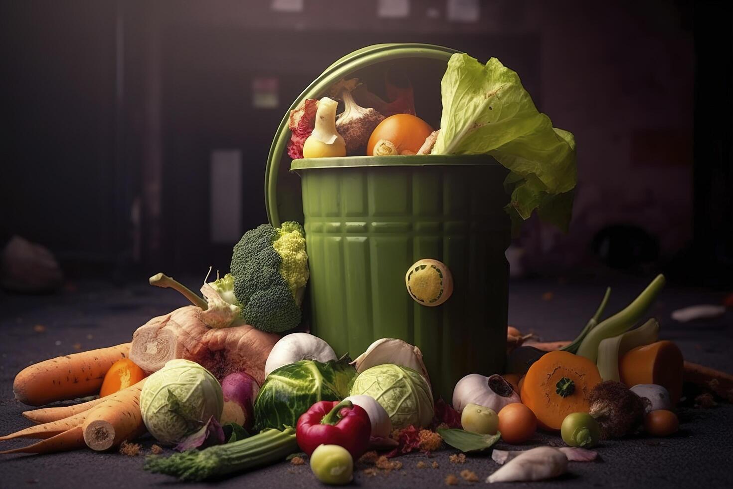 Uneaten unused spoiled vegetables thrown in the trash container. Food loss and food waste. Reducing wasted food, composting, rotten veggies in a trash. . photo