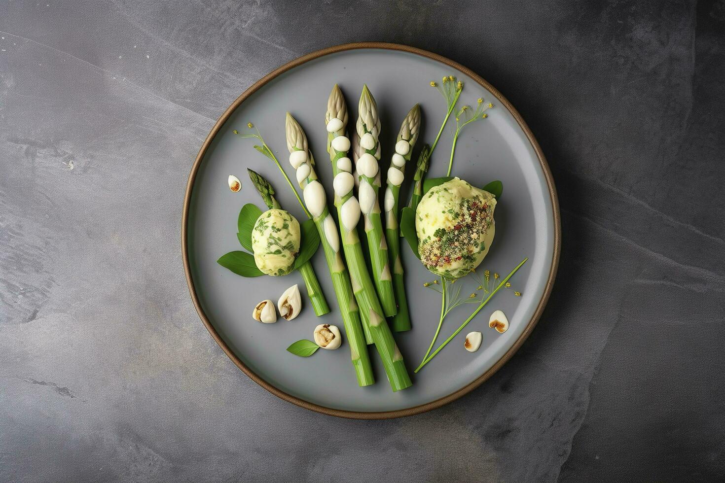 Traditional Bavarian white asparagus served with wild garlic and almond butter close-up on a Nordic design plate with copy space, generate ai photo