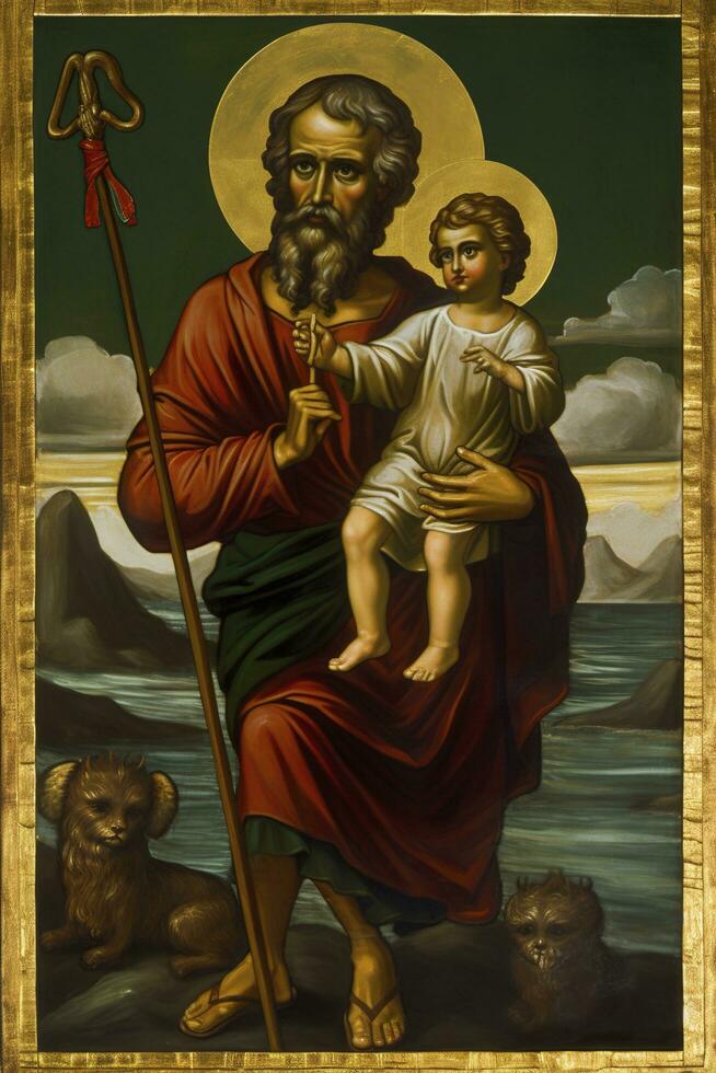 Saint Christopher with Jesu Christi. AI generativ. photo