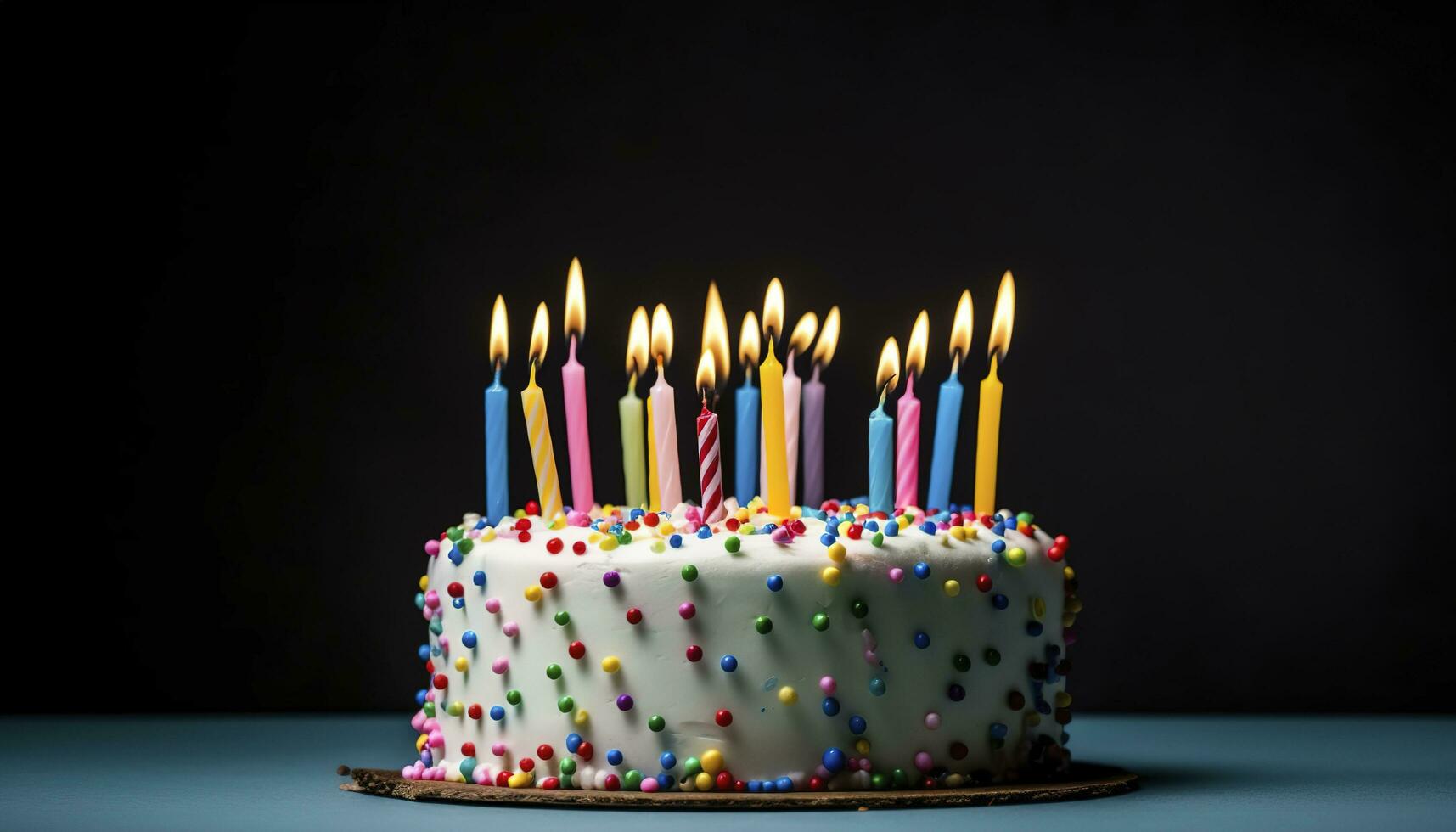 Celebration birthday cake with twenty one colorful birthday candles, generate ai photo