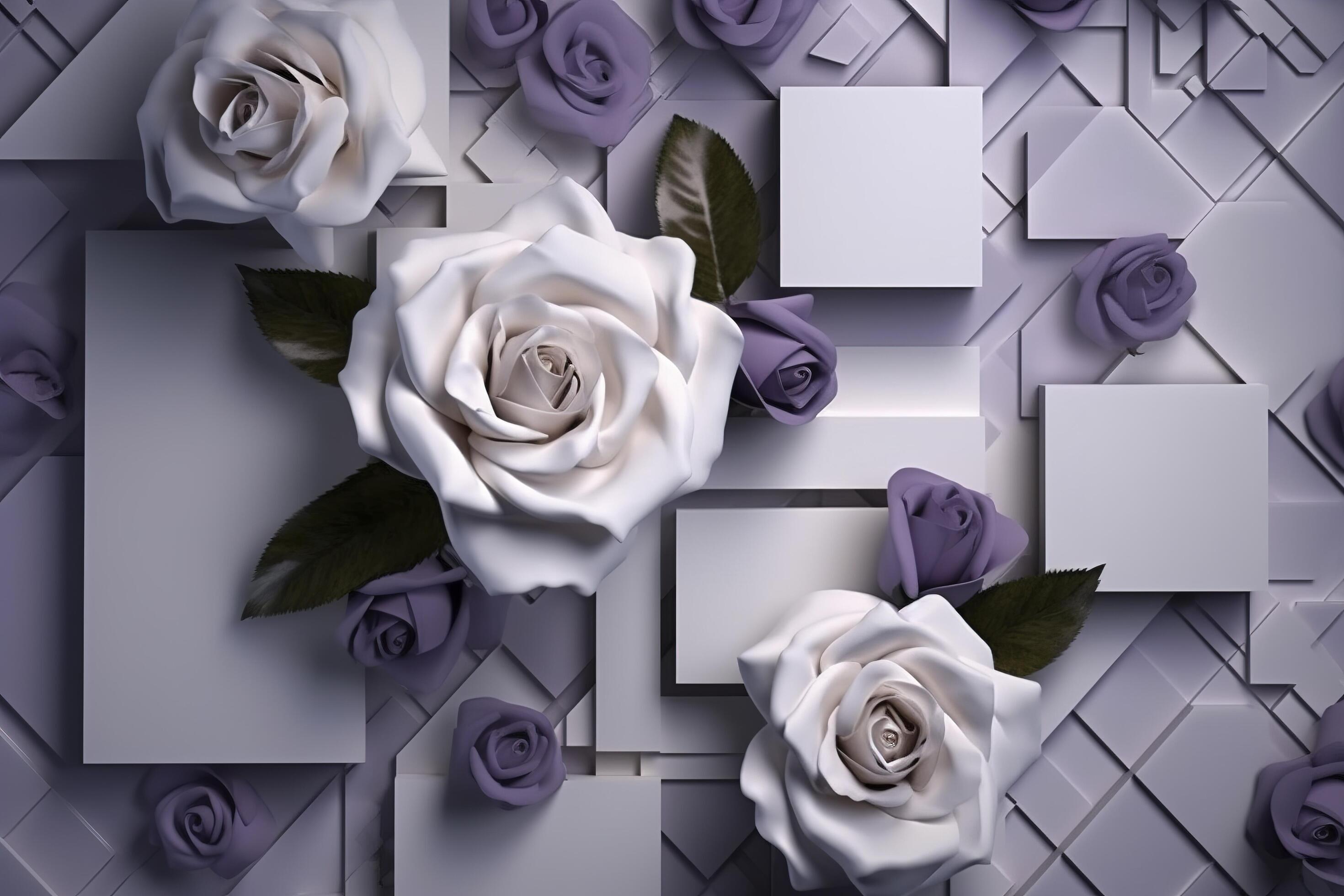 3d Mural modern wallpaper. purple rose flowers with Squares and