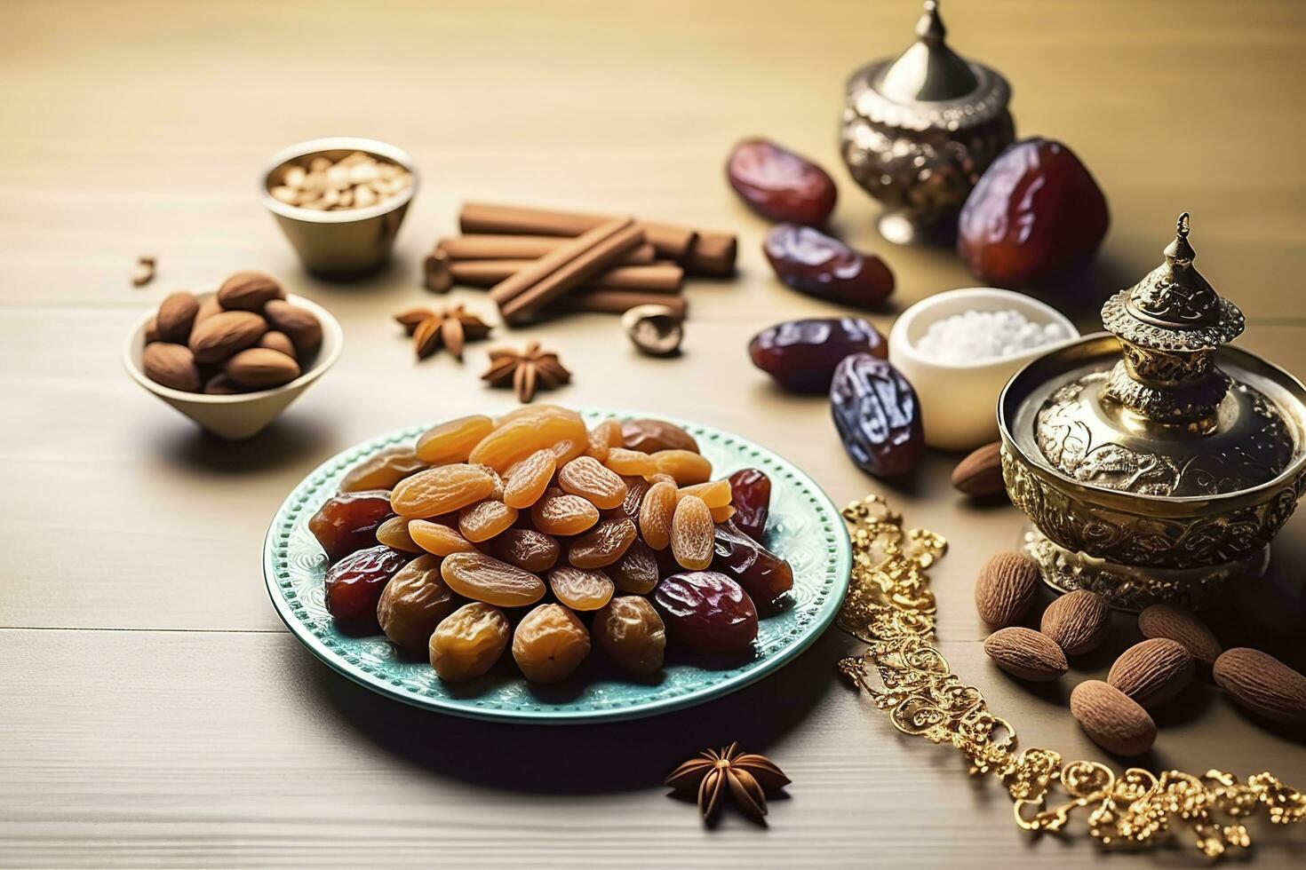 Eid al-Fitr holiday concept with sweet dried dates, fruits and decorations on bright background. Top view from above, generate ai photo