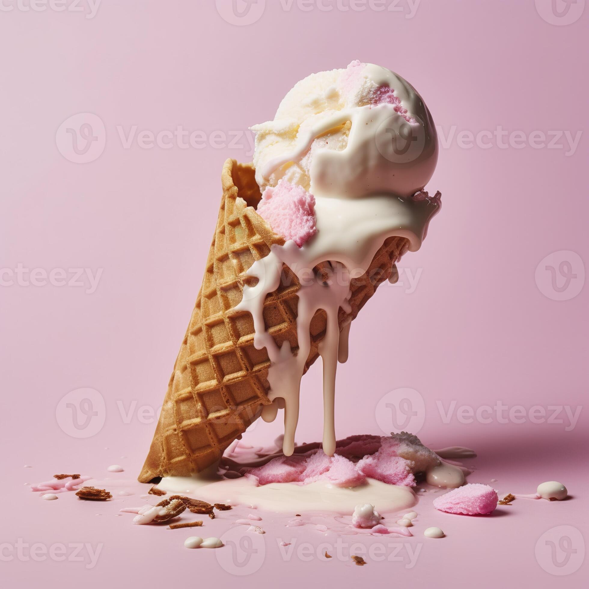 An overturned waffle cone with melted ice cream on a pink background
