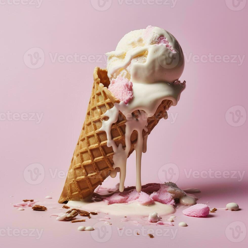 An overturned waffle cone with melted ice cream on a pink background, generate ai photo