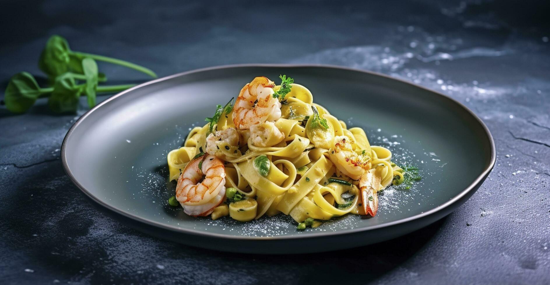 Traditional Italian tagliatelle ai gamberoni pasta with king prawns and herbs served as close-up on a design plate with copy space, generate ai photo
