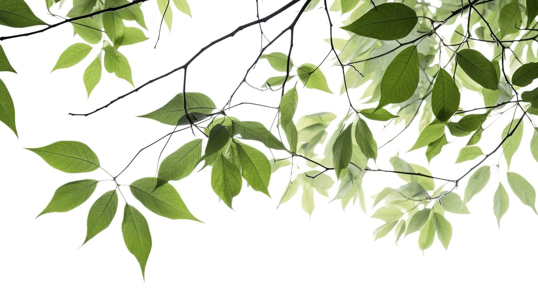 Green tree leaves and branches isolated on white background, generate ai photo