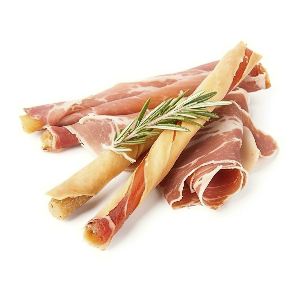 Tasty Italian Grissini with slices of jamon on white background, generate ai photo