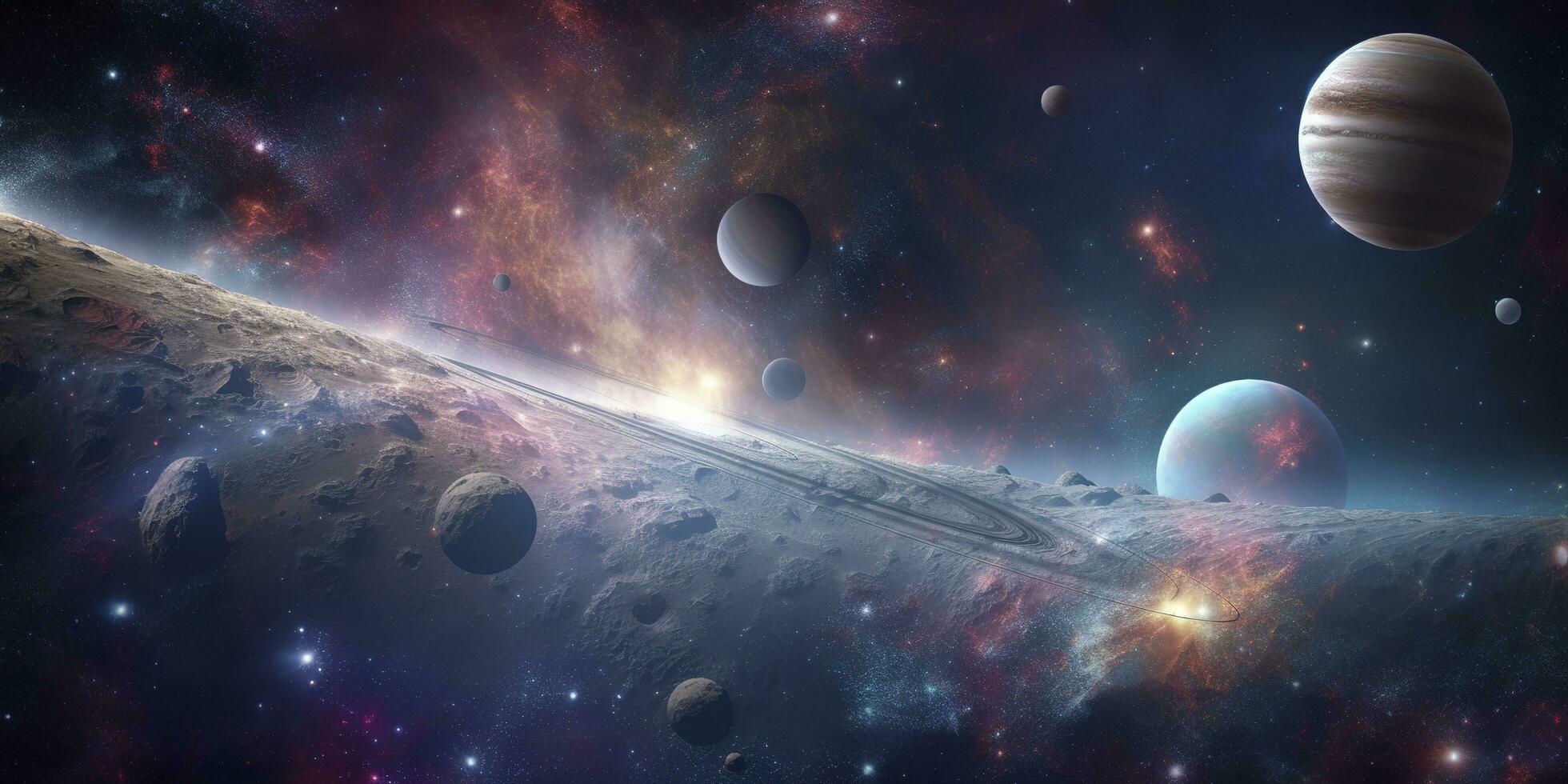 Space wallpaper banner background. Stunning view of a cosmic galaxy with planets and space objects. Elements of this image furnished by NASA, generate ai photo