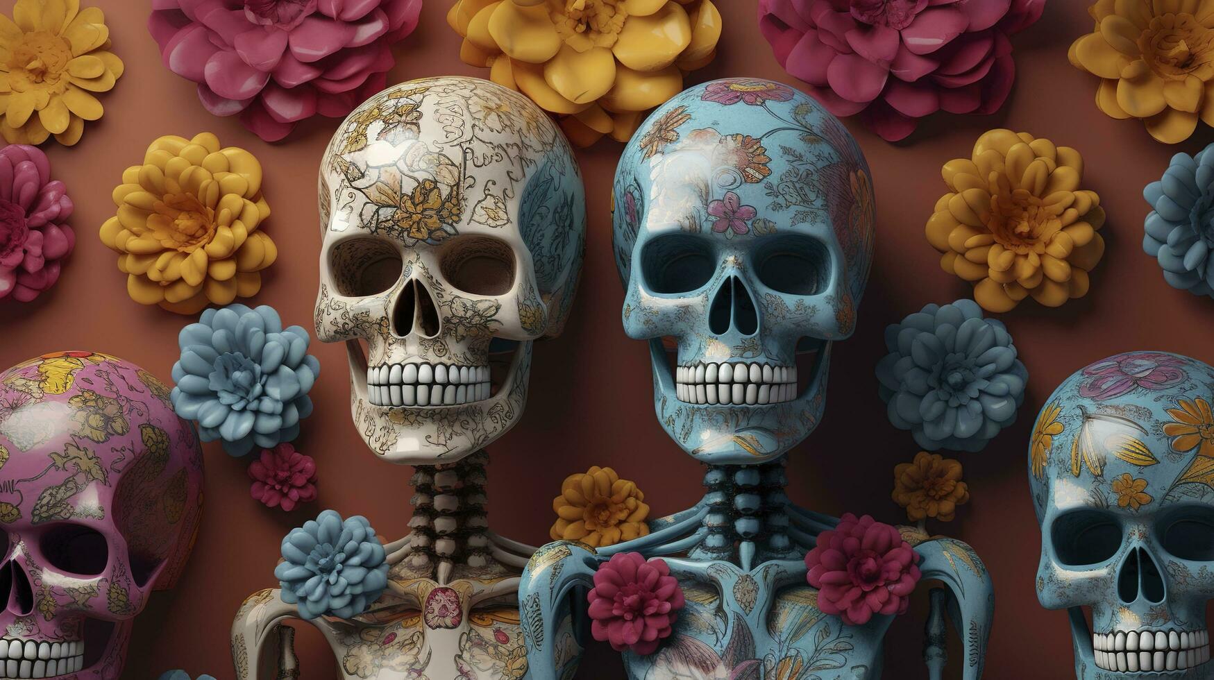 skeleton family, skulls, flowers, dusted, faded, mexican art, day of the dead, hyper detailed, intricate patterns, art deco, vibrant colors, unreal engine, generate ai photo