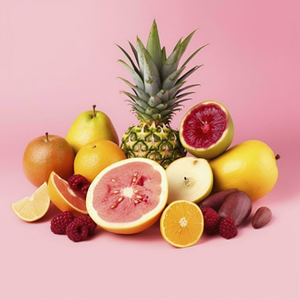 Many different fresh fruits on light pink background, generate ai photo