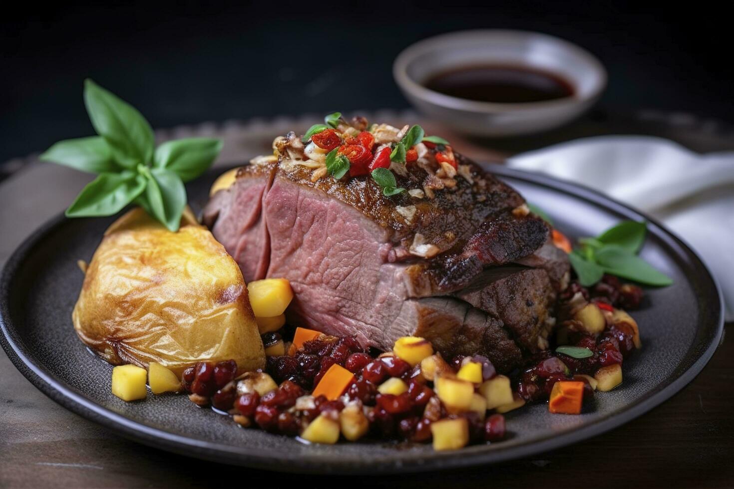 Traditional roasted Italian panettone tagliata di manzo with sliced beef steak and vegetables served close-up on a Nordic design plate, generate ai photo