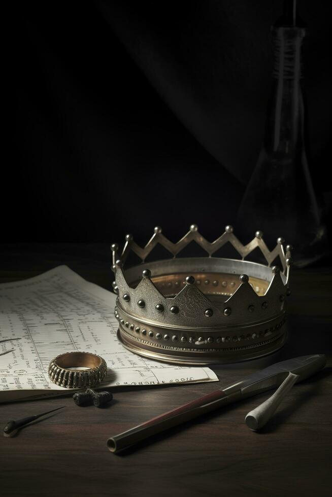 Shiny metal ring on top of gold crown on dark brown background, generate ai photo