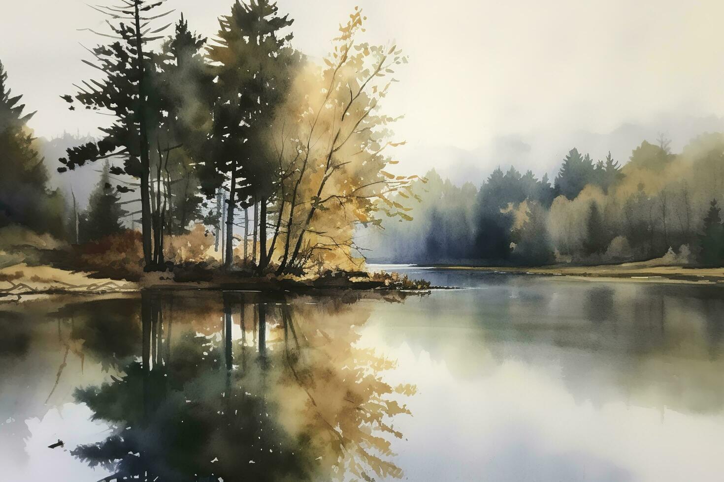 Beautiful watercolor autumn landscape with lush colorful autumnal trees on the shore of calm forest lake or pond at sunny fall day. Digital art painting from my own 3D rendering file , generate ai photo