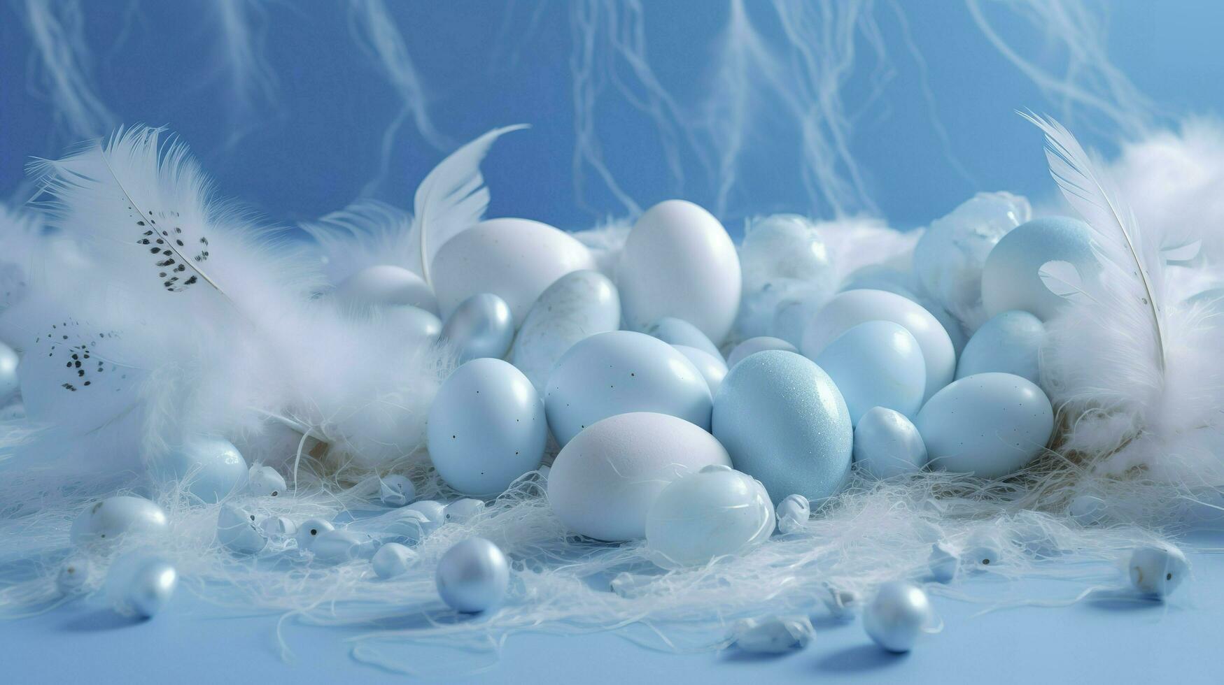 a bright blue background with one white Down feathers and eggs, in the style of soft and dreamy pastels, glimmering light effects, nature-inspired imagery, generat ai photo