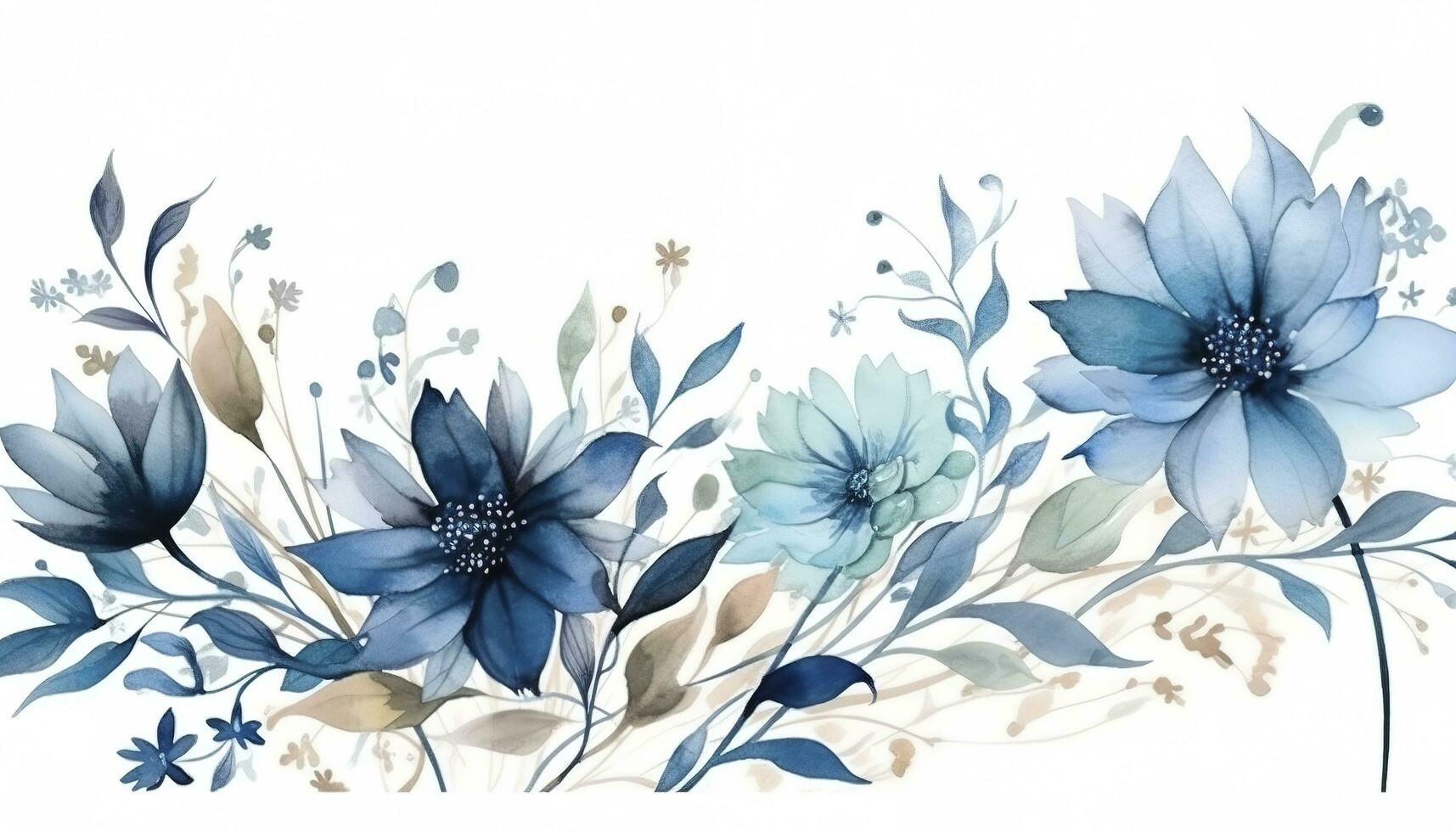 Abstract floral art background vector. Botanical watercolor hand painted blue flowers and leaf branch with line art. Design for wallpaper, banner, print, poster, cover, greeting, generate ai photo
