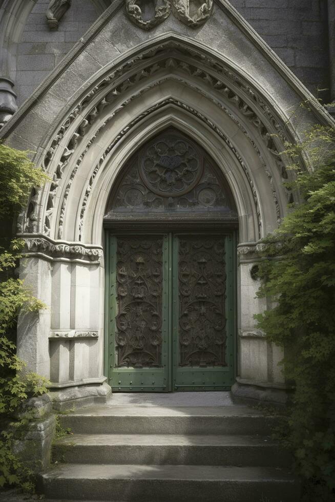 cerca arriba de forjado hierro en de madera puerta de iglesia, generar ai foto