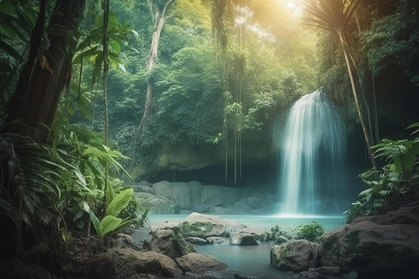 cascada en un tropical selva generativo ai foto