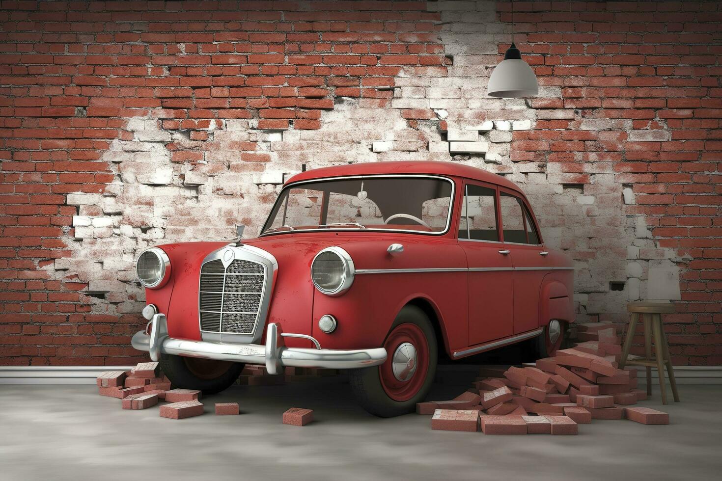3d mural wallpaper broken wall bricks and a classic red car. world map in a colored background. for Childrens and kids bed room wallpaper, generate ai photo