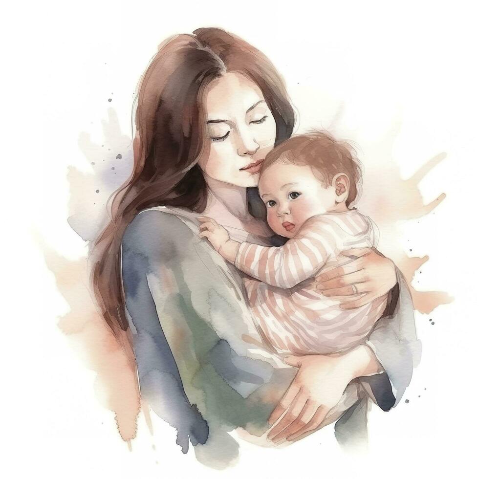 Mother hold baby, watercolor style, Valentine's Day, mothers Day, women's Day concept, Happy Mother's Day message with Mother hold baby,  Mothers Day concept, generate ai photo