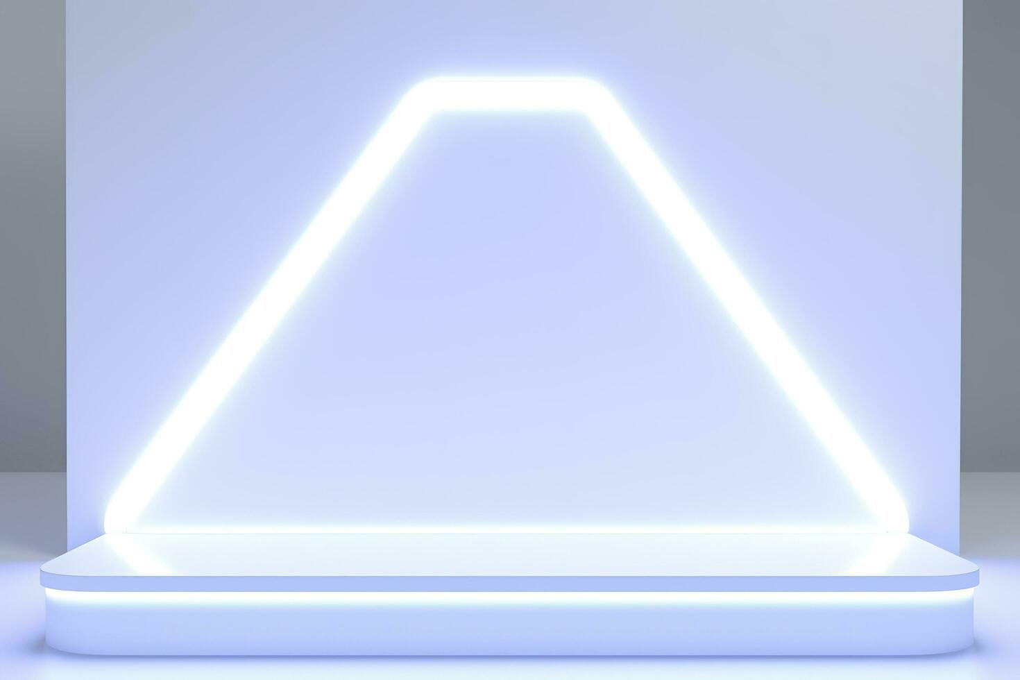 Realistic podium display with neon white lights, Product display background with light frame, White prodium product display with light effect, neon lights background, generate ai photo