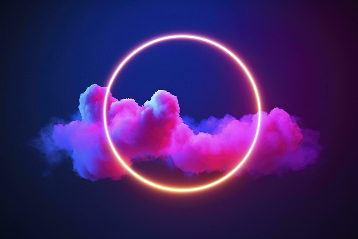3d render, abstract cloud illuminated with neon light ring on dark night sky. Glowing geometric shape, round frame, generate ai photo