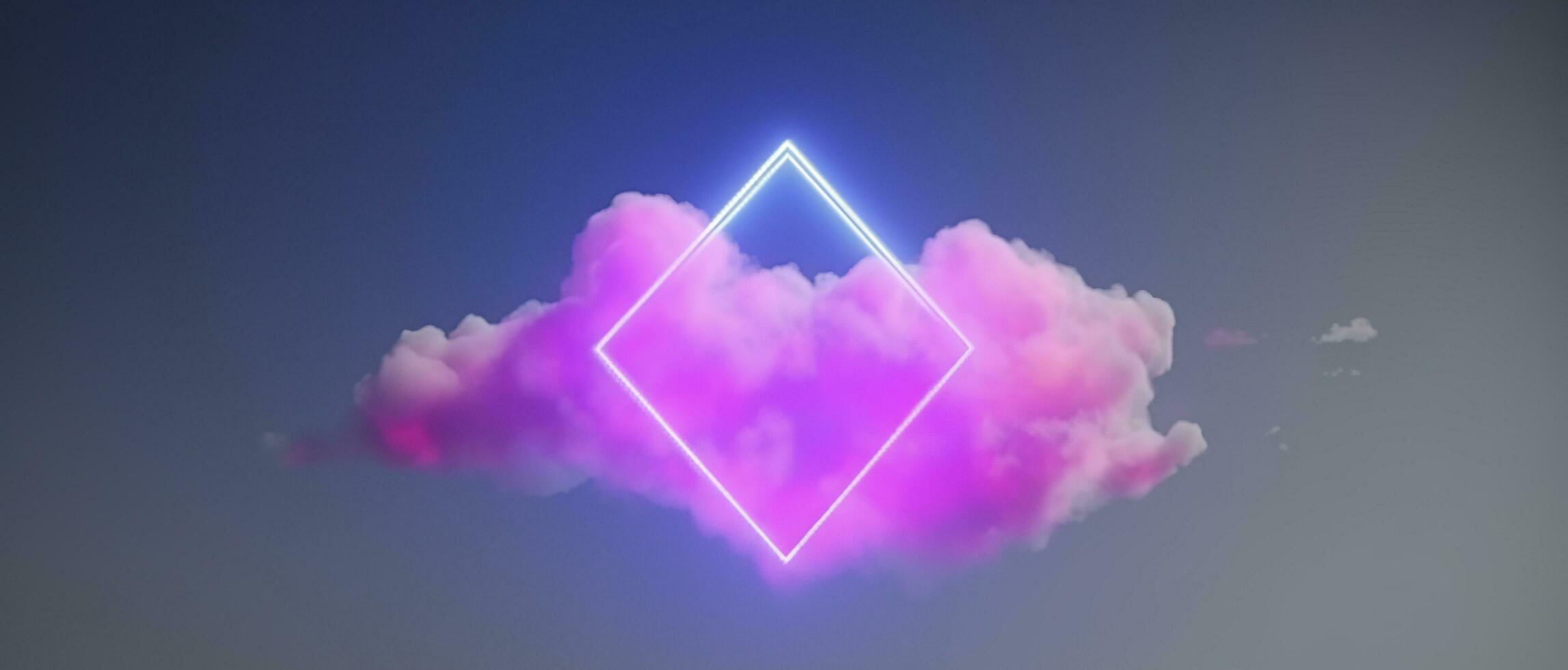 3d render, abstract minimal background with pink blue yellow neon light square frame with copy space, illuminated stormy clouds, glowing geometric shape, generate ai photo