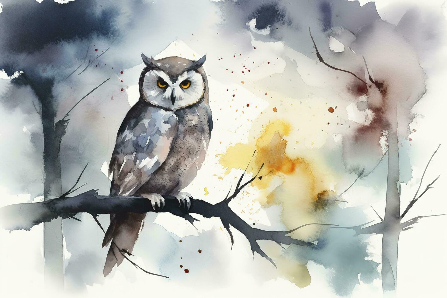 An owl perched on a tree branch in the moonlight watercolor painting, beautiful natural forms, crisp clean shapes, colorful, white background, generate ai photo