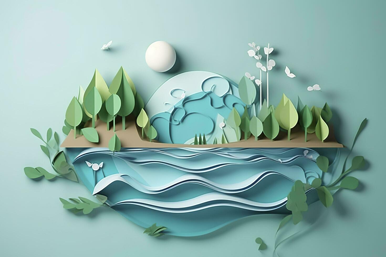 Paper art , Ecology and world water day , Saving water and world Environment day, environmental protection and save earth water , Generate Ai photo