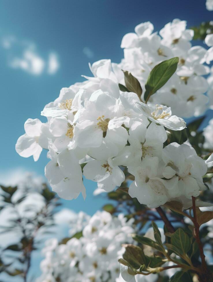 Spring the cherry blossoms. Vintage,with blue sky background, generate ai photo