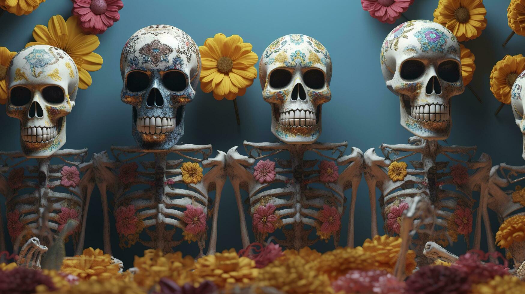 skeleton family, skulls, flowers, dusted, faded, mexican art, day of the dead, hyper detailed, intricate patterns, art deco, vibrant colors, unreal engine, generate ai photo