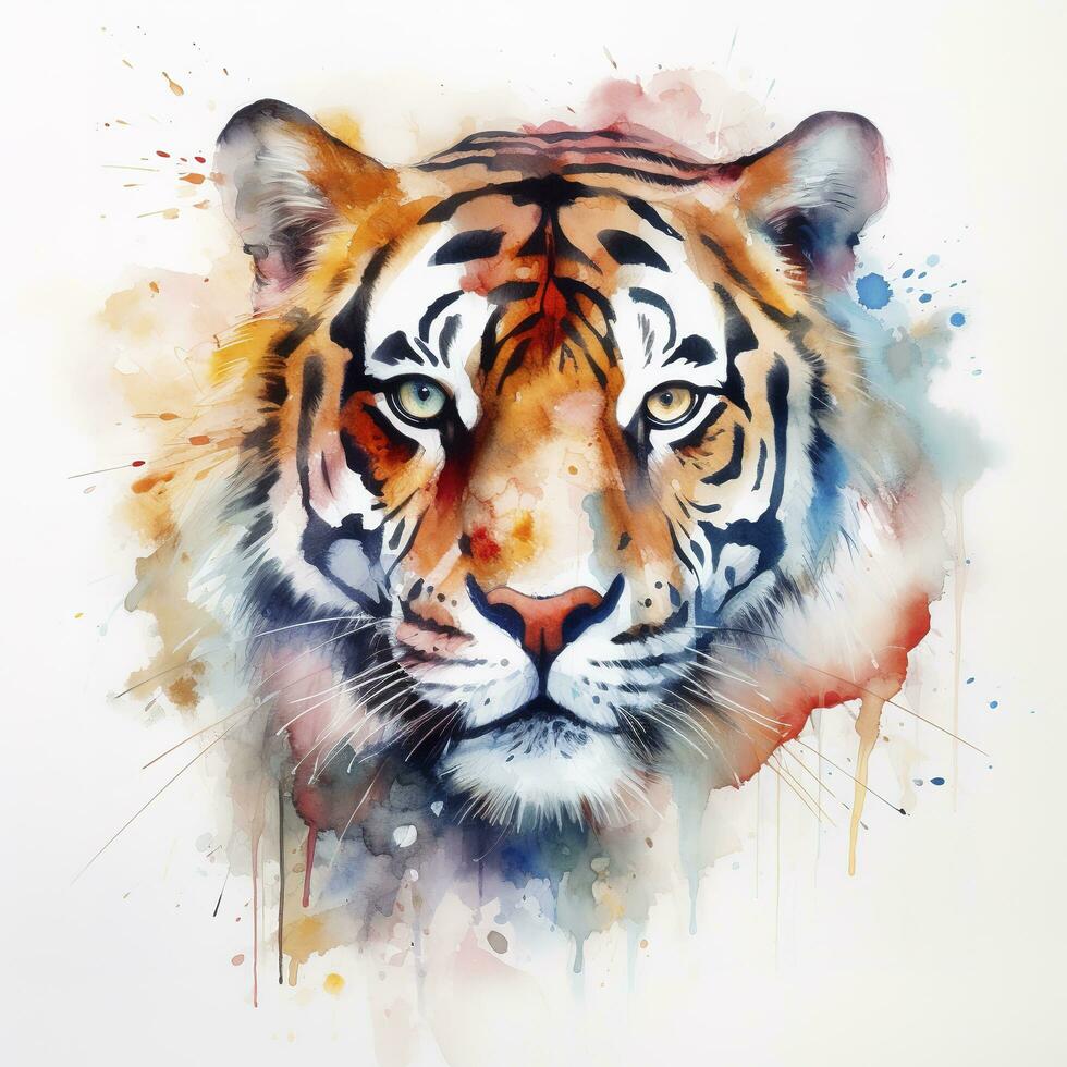 isolated tiger watercolour splashes with ink painting, llustration art, generate ai photo
