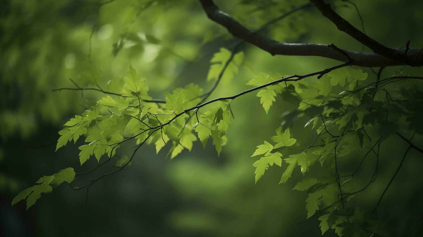 Earth Day and World Environment Day, Spring, Tropical tree leaves and branch with beautiful green forest background, generate ai photo