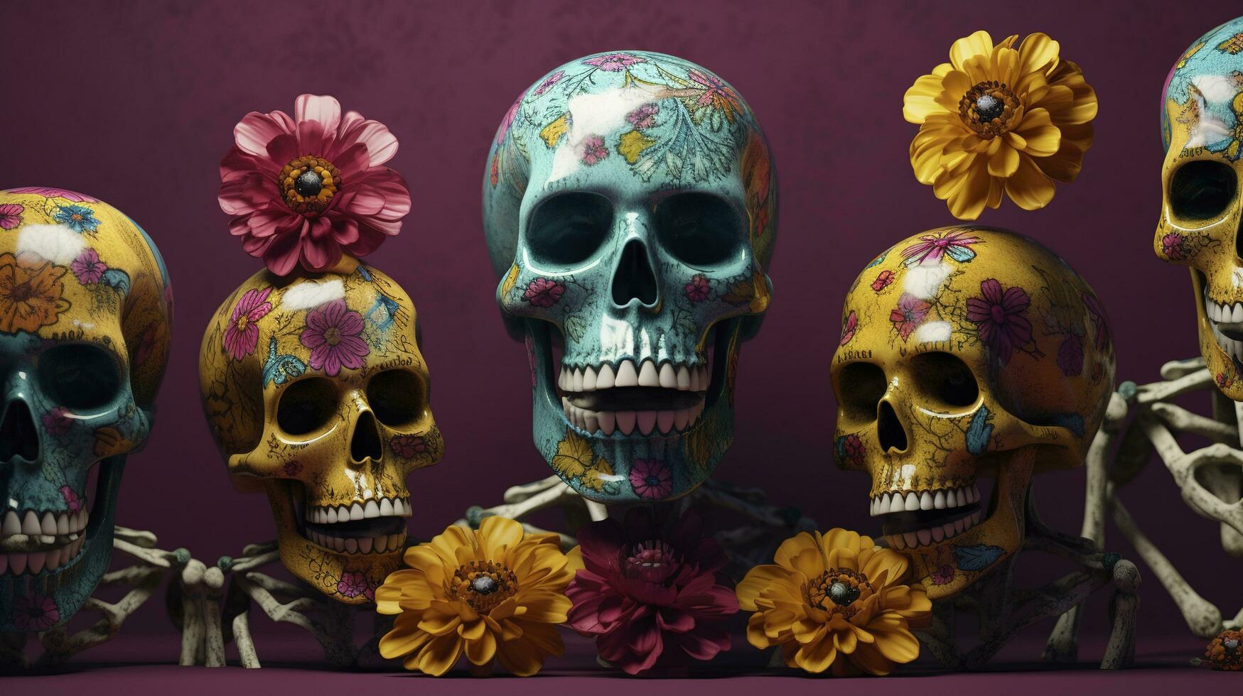 skeleton family, skulls, flowers, dusted, faded, mexican art, day of the dead, hyper detailed, intricate patterns, art deco, vibrant colors, unreal engine, generate ai photo