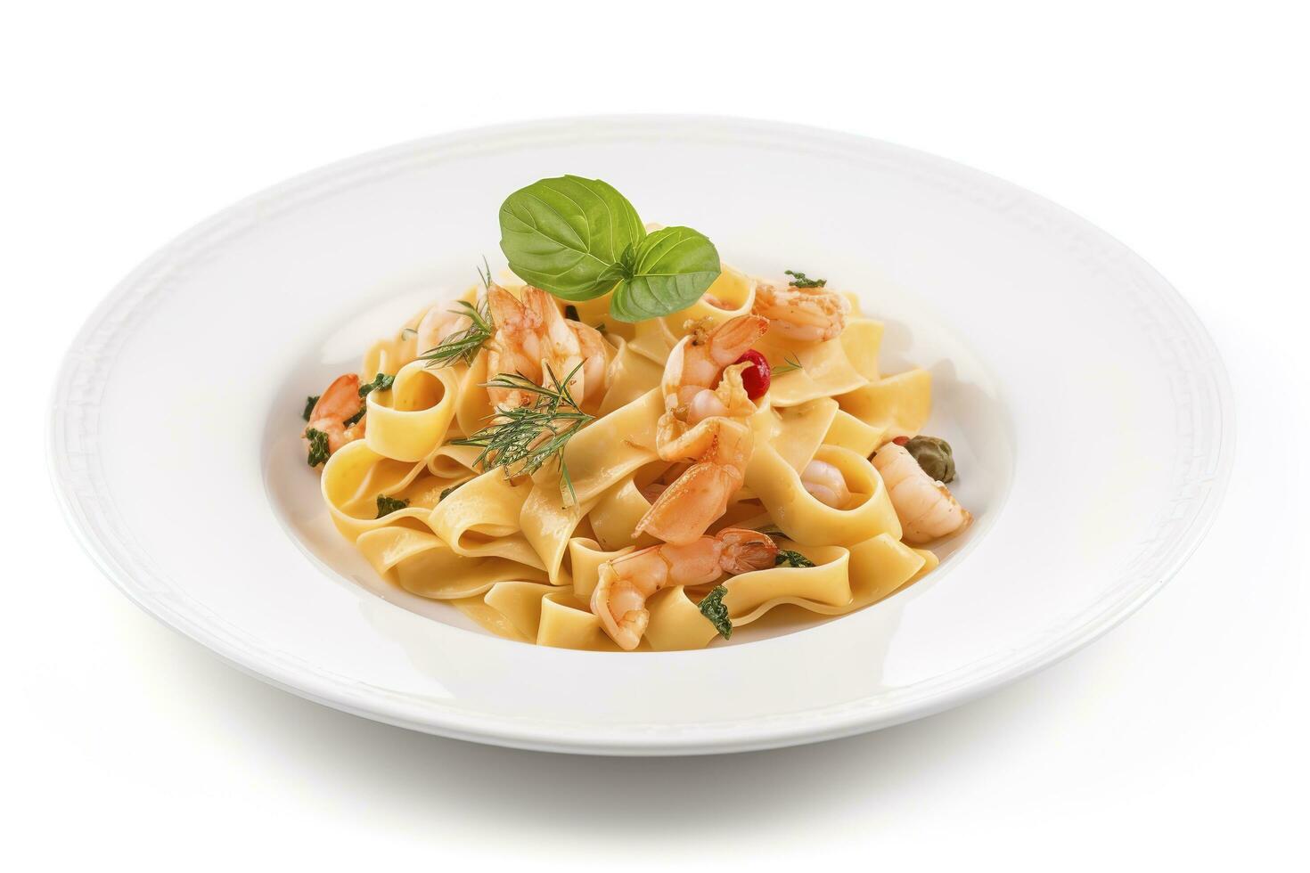 Traditional Italian tagliatelle ai gamberoni pasta with king prawns and herbs served as close-up on a design plate with copy space, generate ai photo