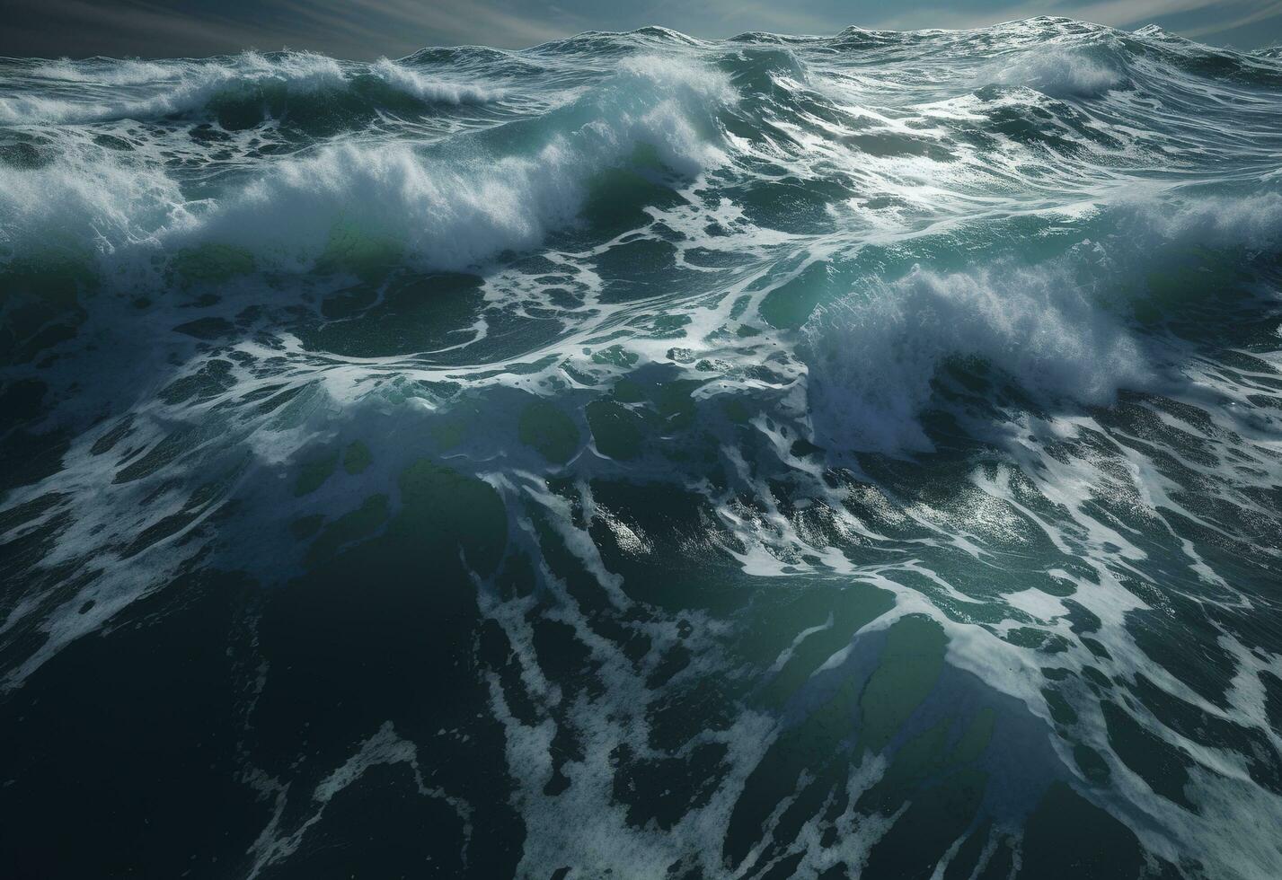 aerial view of huge waves in blue ocean, in the style of textural explorations, fluid gestures, unreal engine, generate ai photo