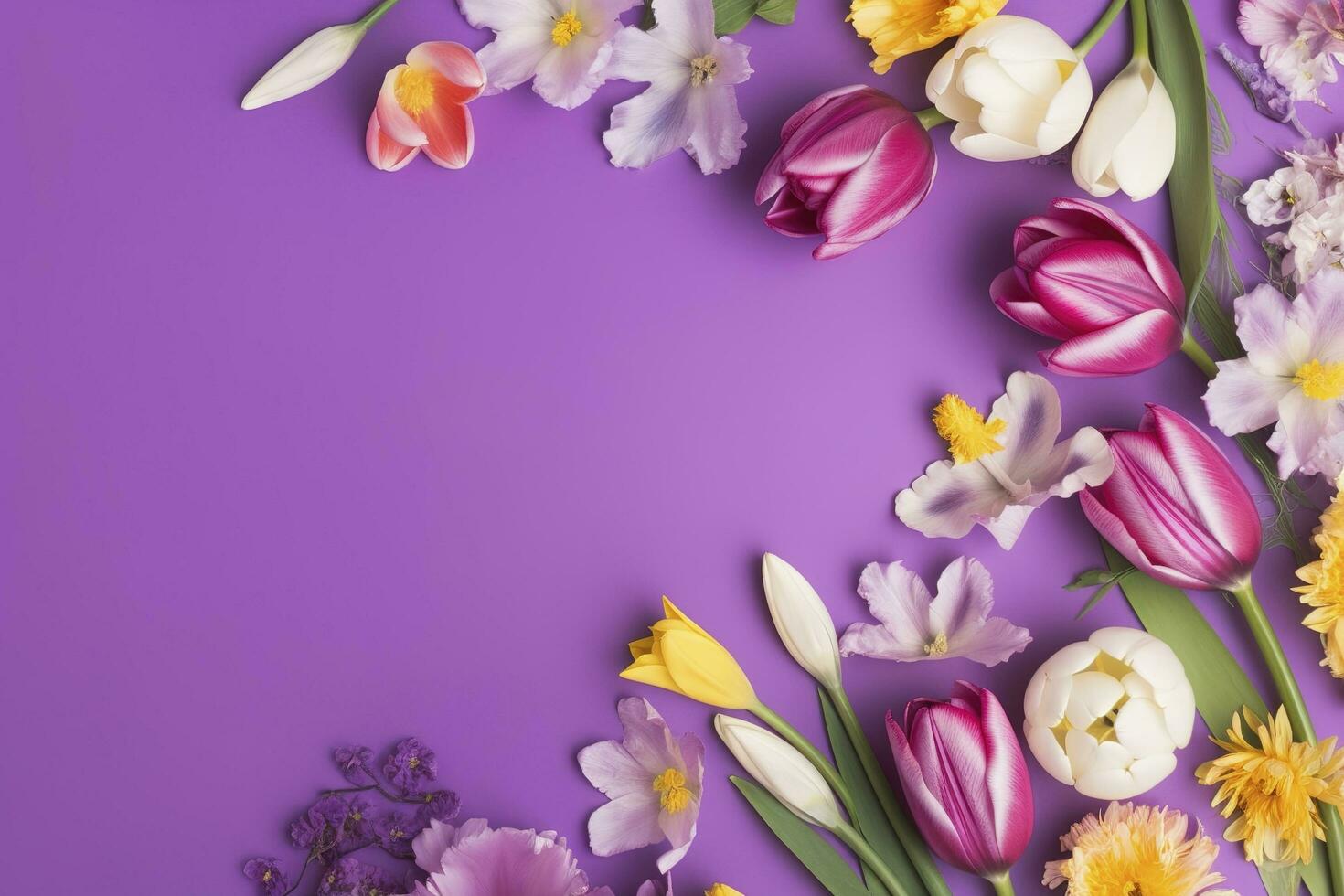 multicolored spring flowers on purple background , generate ai photo