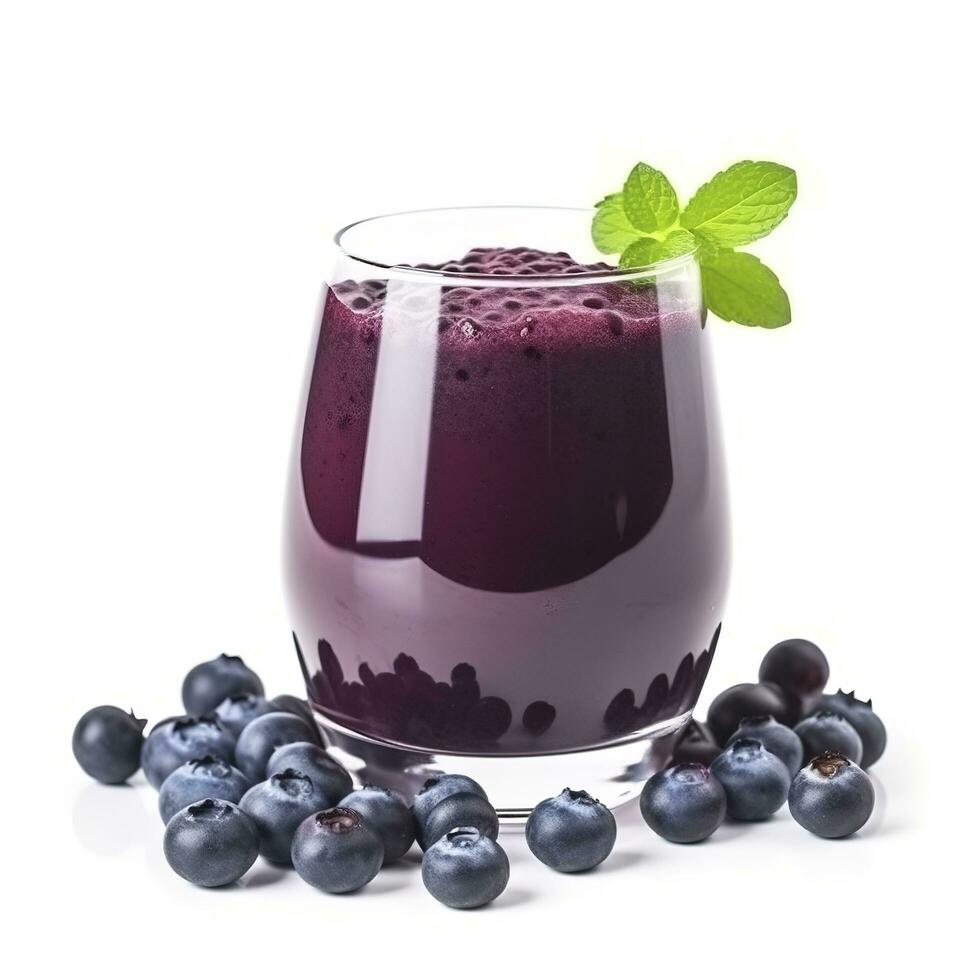 Tasty blueberry smoothie in glass isolated on white background, generate ai photo