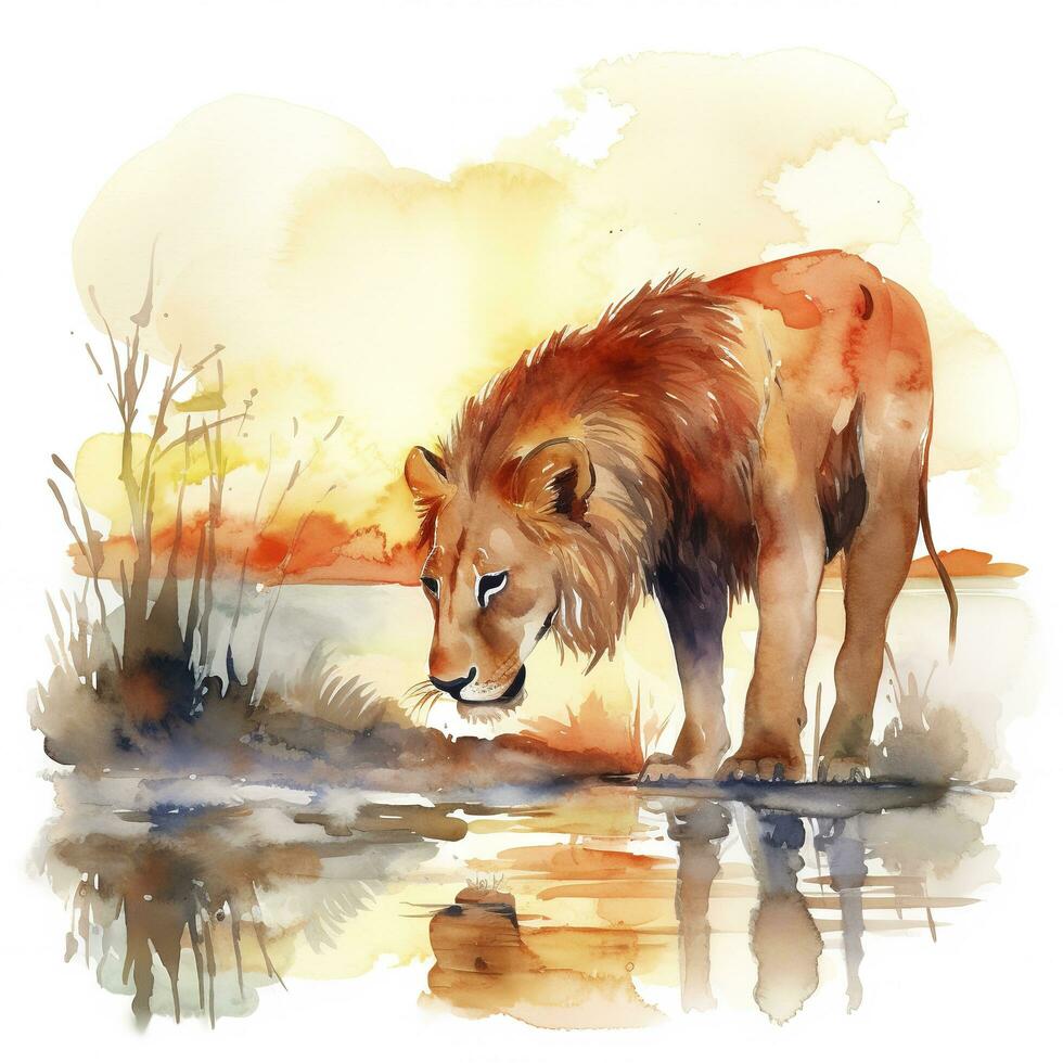 A lion drinking from a river at sunset watercolor painting, beautiful natural forms, crisp clean shapes, colorful, white background , generate ai photo