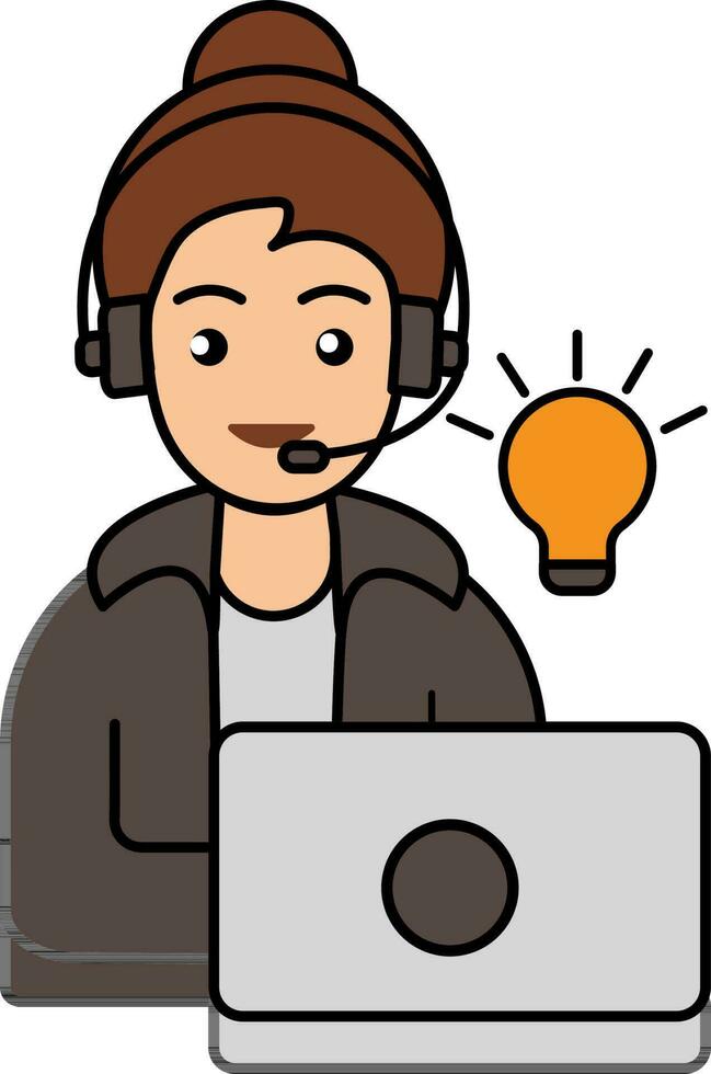 Mic Headphones Wearing Woman With Laptop For Idea Colorful Icon. vector