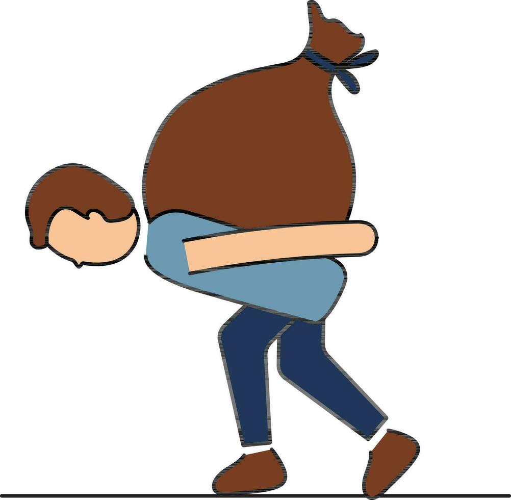 Young Boy Carrying Heavy Sack On The Back Colorful Icon. vector